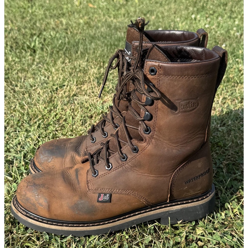 Justin Work Boots Mens Size 9 EE Brown Leather Waterproof Safety Toe SE961